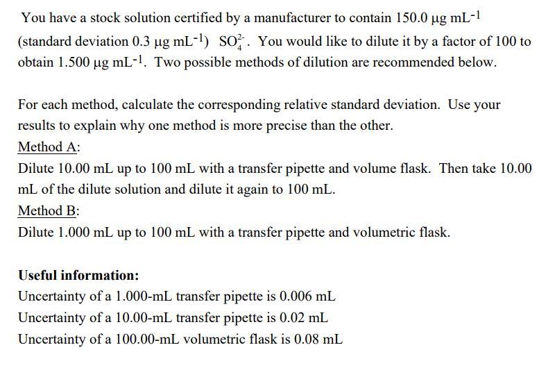 You have a stock solution certified by a manufacturer to contain 150.0 ug mL-1 (standard deviation...