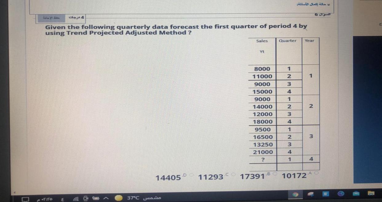 Given the following quarterly data forecast the first quarter of period 4 by using Trend Projected...