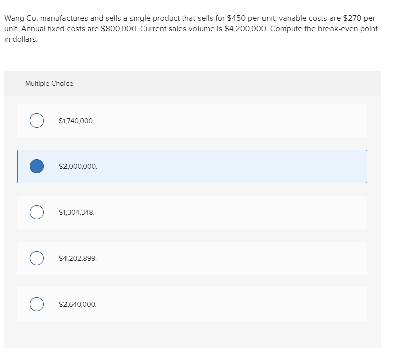 Wang Co. manufactures and sells a single product that sells for $450 per unit; variable costs are...