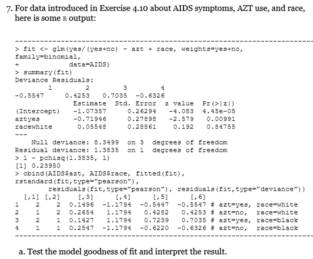 For data introduced in Exercise 4.10 about AIDS symptoms, AZT use, and race, here is some Routput: >...