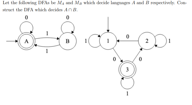 Let the following DFAs be MA and MB which decide languages A and B respectively. Construct the DFA...