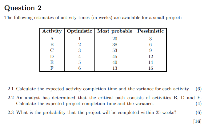 The following estimates of activity times in weeks) are available for a small project: Activity...