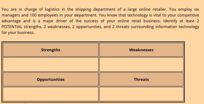 You are in charge of logistics in the shipping department of a large online retailer. You employ six...