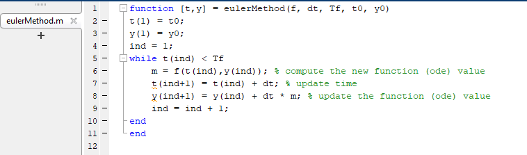 MATLAB: Use codes provided to solve initial value problem, make a Euler Method function that...-1