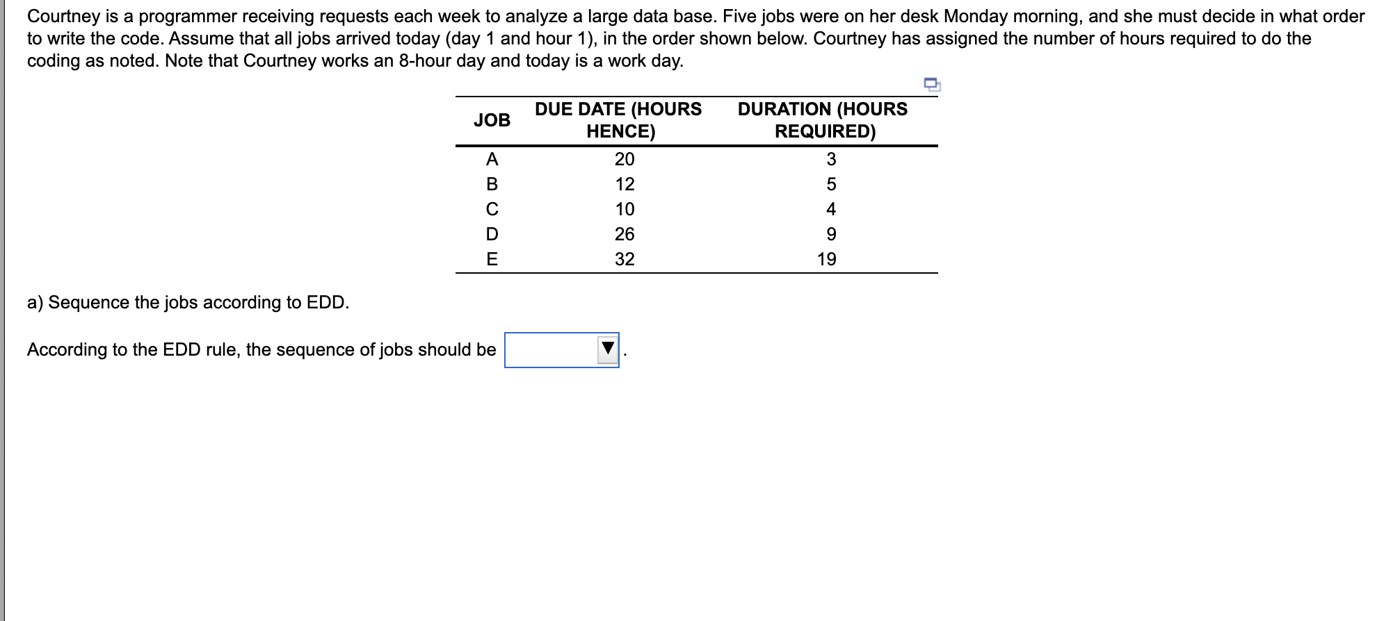 a) Sequence the jobs according to EDD. ?b) What is the average completion? (flow) time? ?c) What is...