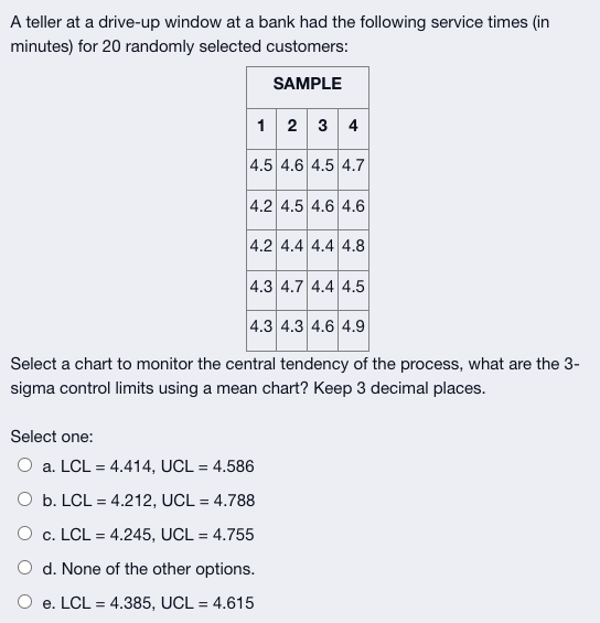 A teller at a drive-up window at a bank had the following service times (in minutes) for 20 randomly...