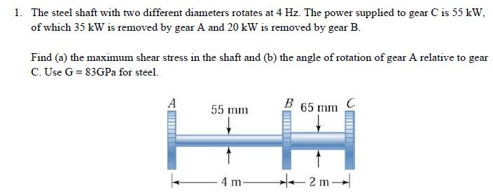 The steel shaft with two different diameters rotates at 4 Hz. The power supplied to gear C is 55 kW....