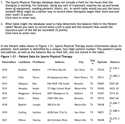 The Sports Physical Therapy database does not include a field for the hours that the therapist is...