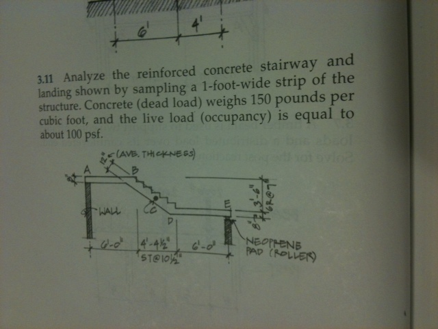 Analyze the reinforced concrete stairway and landing shown sampling a 1-foot-wide strip of the...