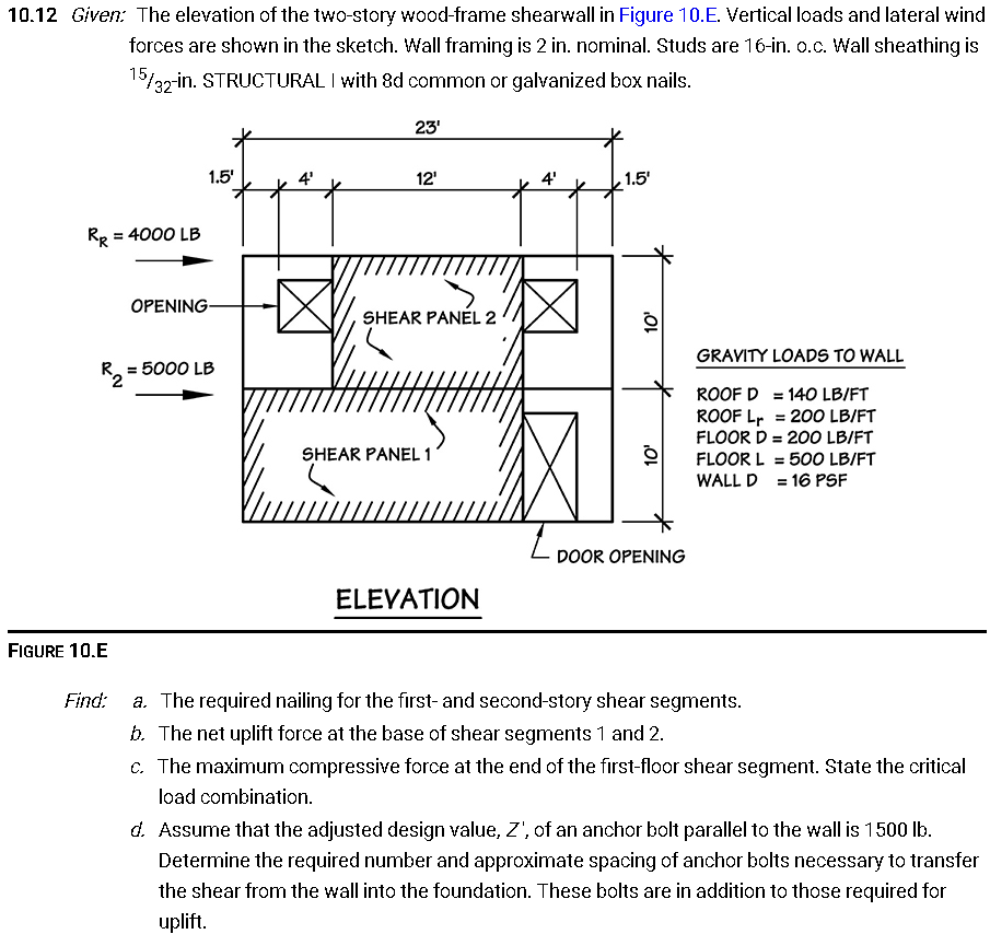 The elevation of the two-story wood-frame shearwall in Figure 10.E. Vertical loads and lateral wind...
