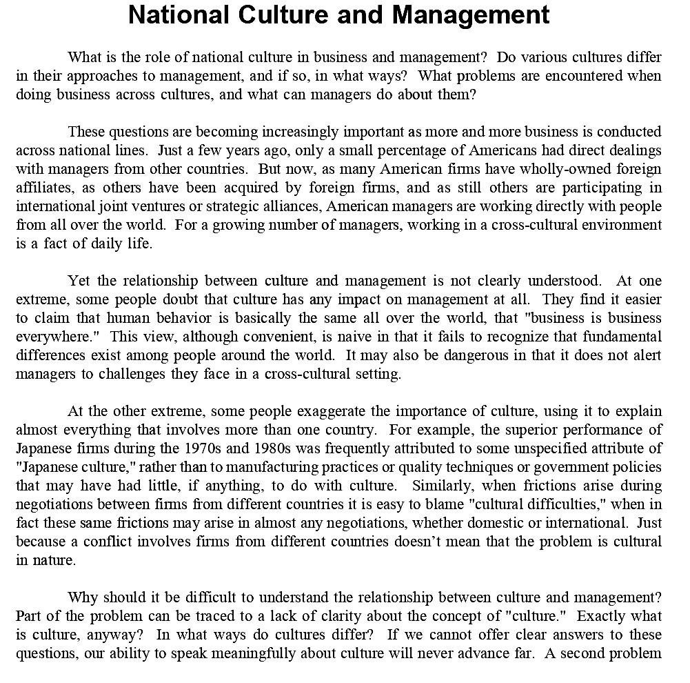 National Culture and Management What is the role of national culture in business and management? Do...