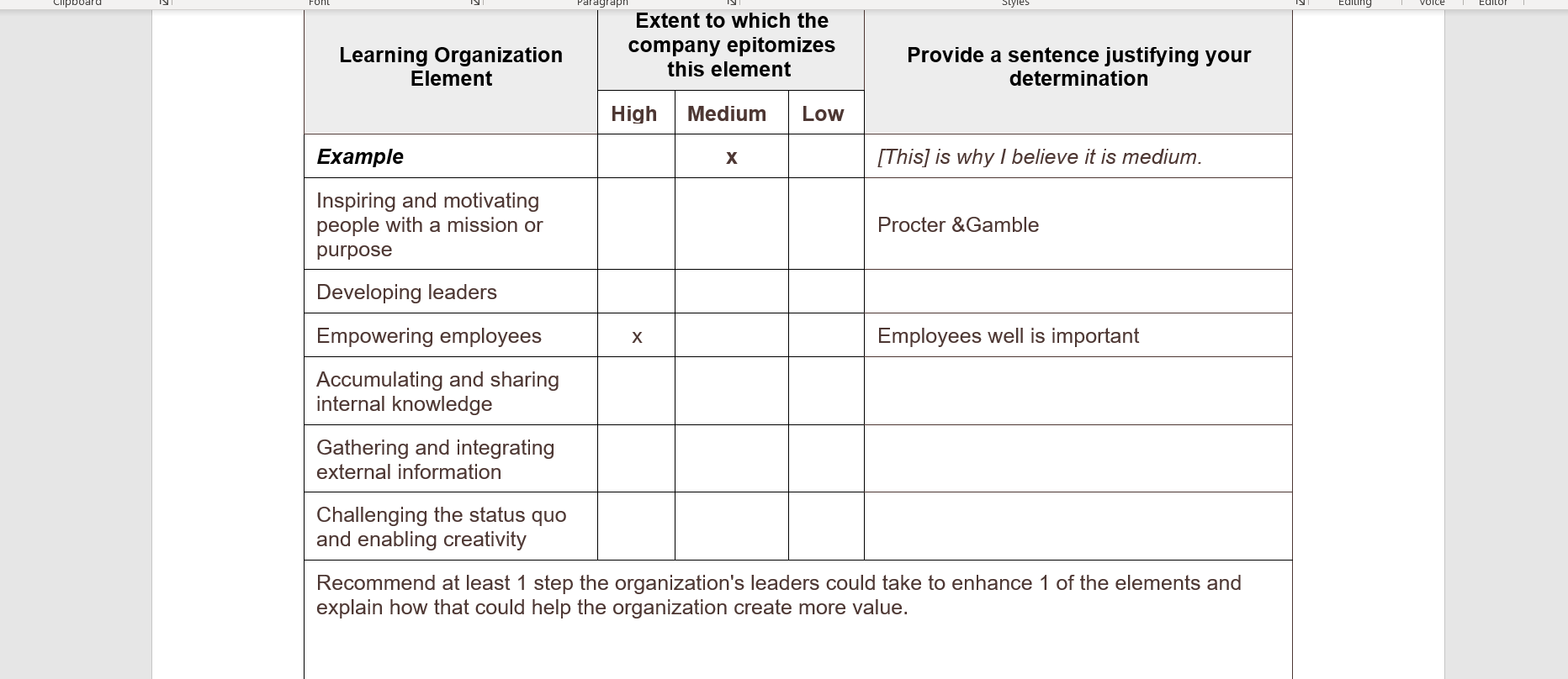 Review the 6 key elements of a learning organization (Ch. 11 of Strategic Management , by Dess)....
