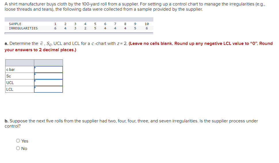 A shirt manufacturer buys cloth by the 100-yard roll from a supplier. For setting up a control chart...