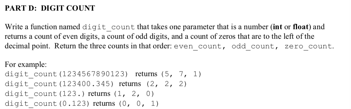 Write a function named digit count that takes one parameter that is a number (int or float) and...