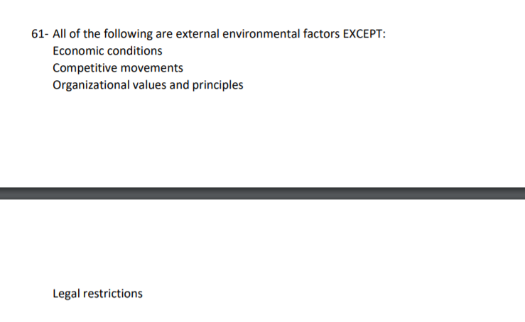 All of the following are external environmental factors EXCEPT: Economic conditions Competitive...