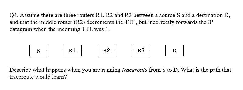 Assume there are three routers R1, R2 and R3 between a source S and a destination D, and that the...