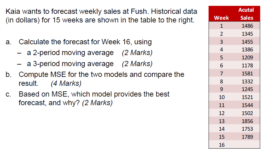 Kaia wants to forecast weekly sales at Fush. Historical data (in dollars) for 15 weeks are shown in...