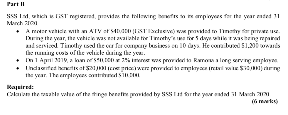 A motor vehicle with an ATV of $40,000 (GST Exclusive) was provided to Timothy for private use....