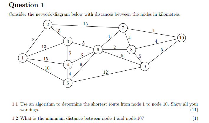 Consider the network diagram below with distances between the nodes in kilometres. 15 5 4 4 10 13 2...