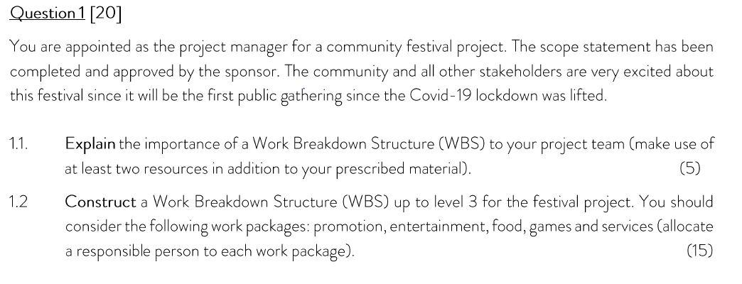 You are appointed as the project manager for a community festival project. The scope statement has...