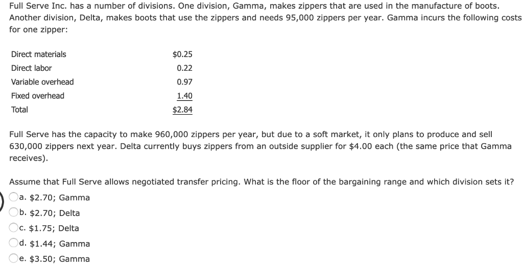 Full Serve Inc. has a number of divisions. One division, Gamma, makes zippers that are used in the...