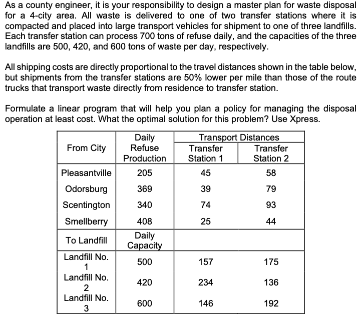 As a county engineer, it is your responsibility to design a master plan for waste disposal for a...