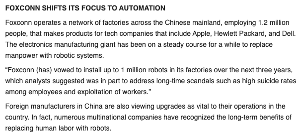 Question: As Foxconn cuts jobs as it shifts to greater use of automation, jobs will be created in...