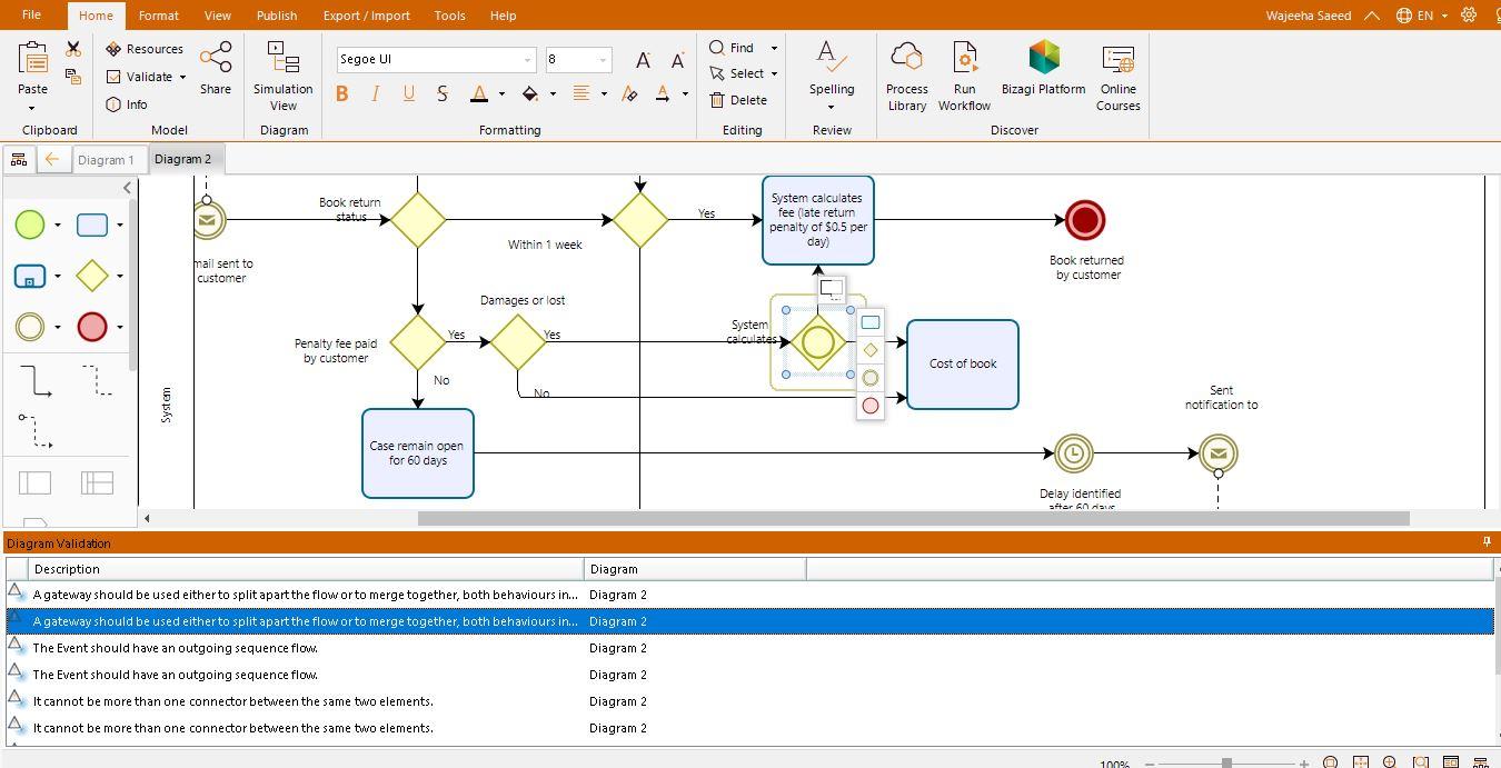 Need to fix the bizagi model diagram for the library management system Model Flow of Activities and...-3