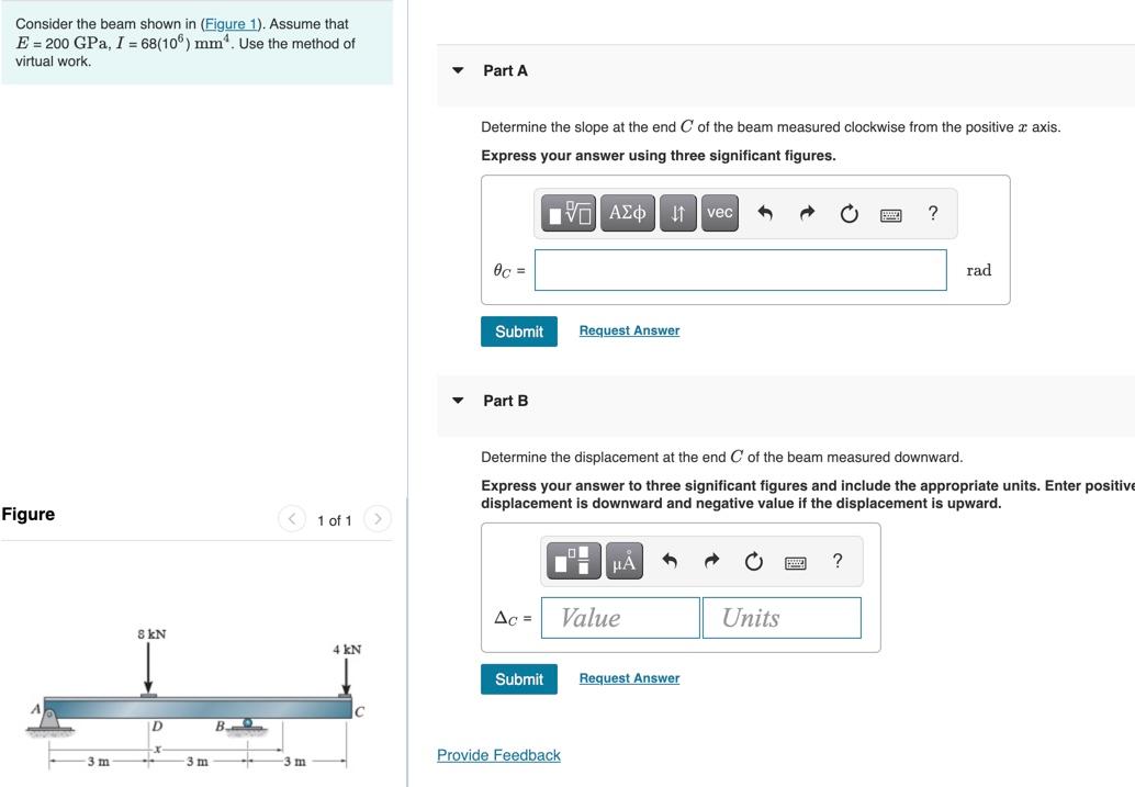 Consider the beam shown in (Figure 1). Assume that E = 200 GPa, I = 68(106) mm4. Use the method of...