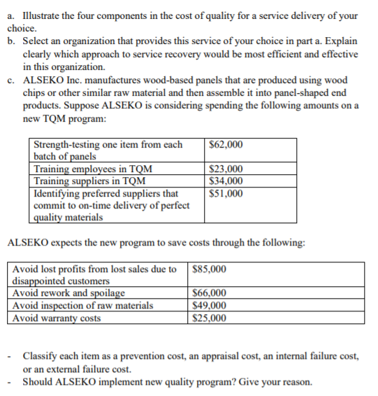 Illustrate the four components in the cost of quality for a service delivery of your choice. b....