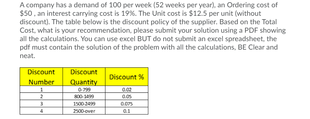 A company has a demand of 100 per week (52 weeks per year), an Ordering cost of $50 , an interest...