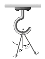 Two forces P and Q are applied as shown at point A of a hook support. Knowing that P = 15 lb and Q =...