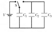 In Figure V =10 V C1 =10µF, and C2= C3= 20µF. Switch S 1 answer below » In Figure V =10 V C1 =10µF,...