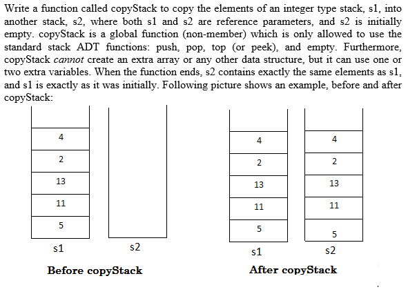 Write a function called copy Stack to copy the elements of an integer type stack, s1, into another...