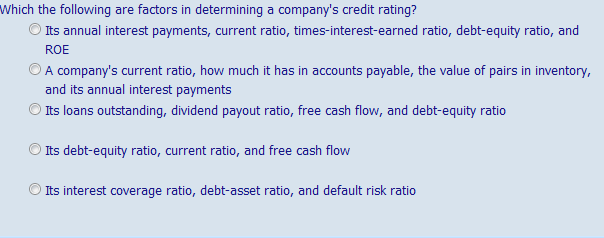 Which the following are factors in determining a company's credit rating? Its annual interest...