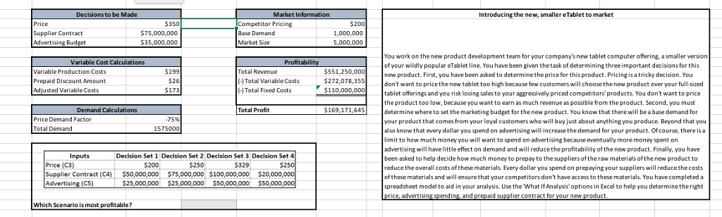 Use the scenario manager to input each of the four following decision sets depicted in the picture...