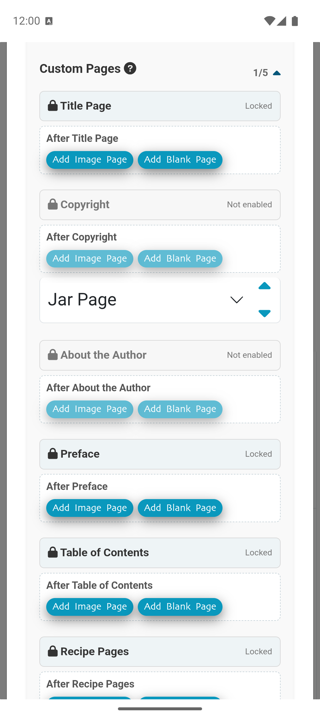 ReciScan Custom Pages placement options, including After TOC and Add Image Page.