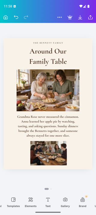 Finished Canva page with an ivory background, brown text, two family photos, and a short memory.
