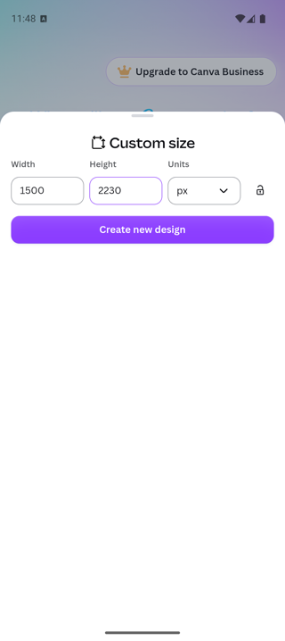 Canva custom design setup showing width 1500, height 2230, and pixel units.