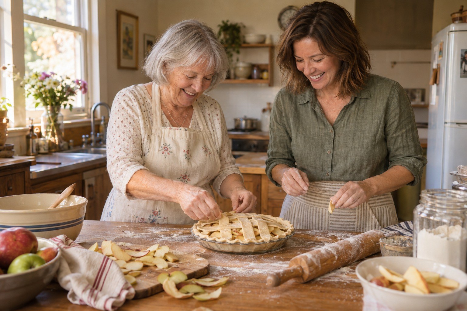 AI-generated illustration of fictional Grandma Rose and Anna baking an apple pie together.