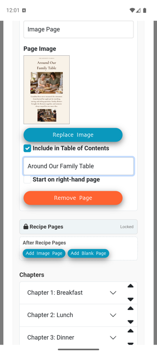 Custom page settings with Include in Table of Contents selected and the title Around Our Family Table.