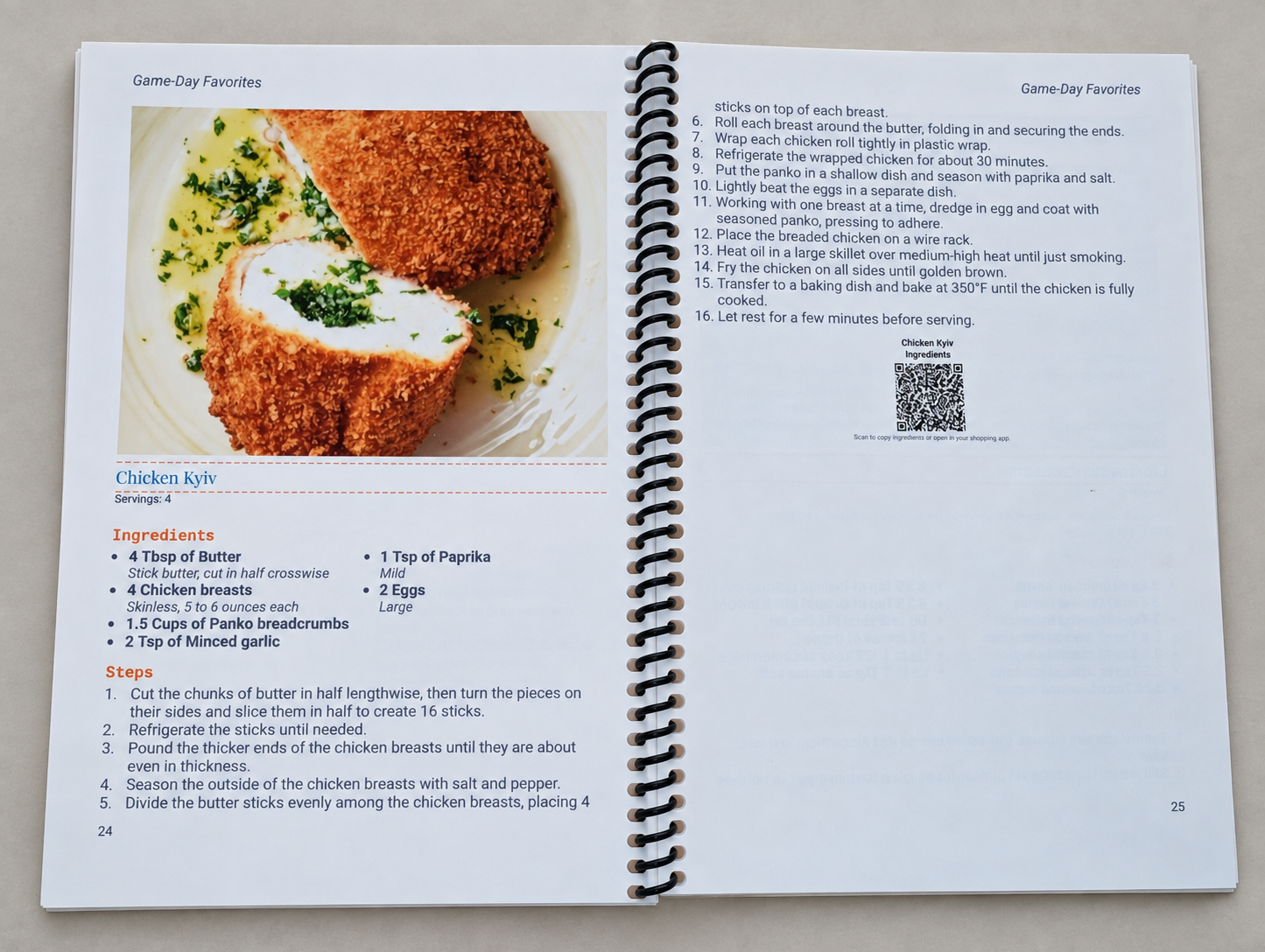 An open printed ReciScan cookbook showing the Chicken Kyiv recipe and dish photo.