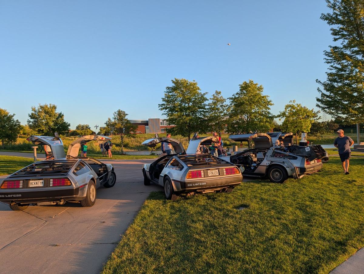 Rear view lineup of several DeLoreans parked together