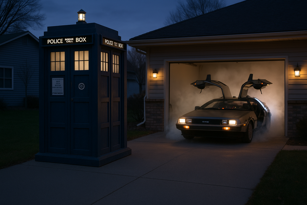 A twilight suburban driveway in Minneapolis with a full-size blue Doctor Who TARDIS in the foreground and, in the open garage beyond, a DeLorean Time Machine emerging from theatrical smoke, subtle lighting picking out the time circuits and gullwing doors.