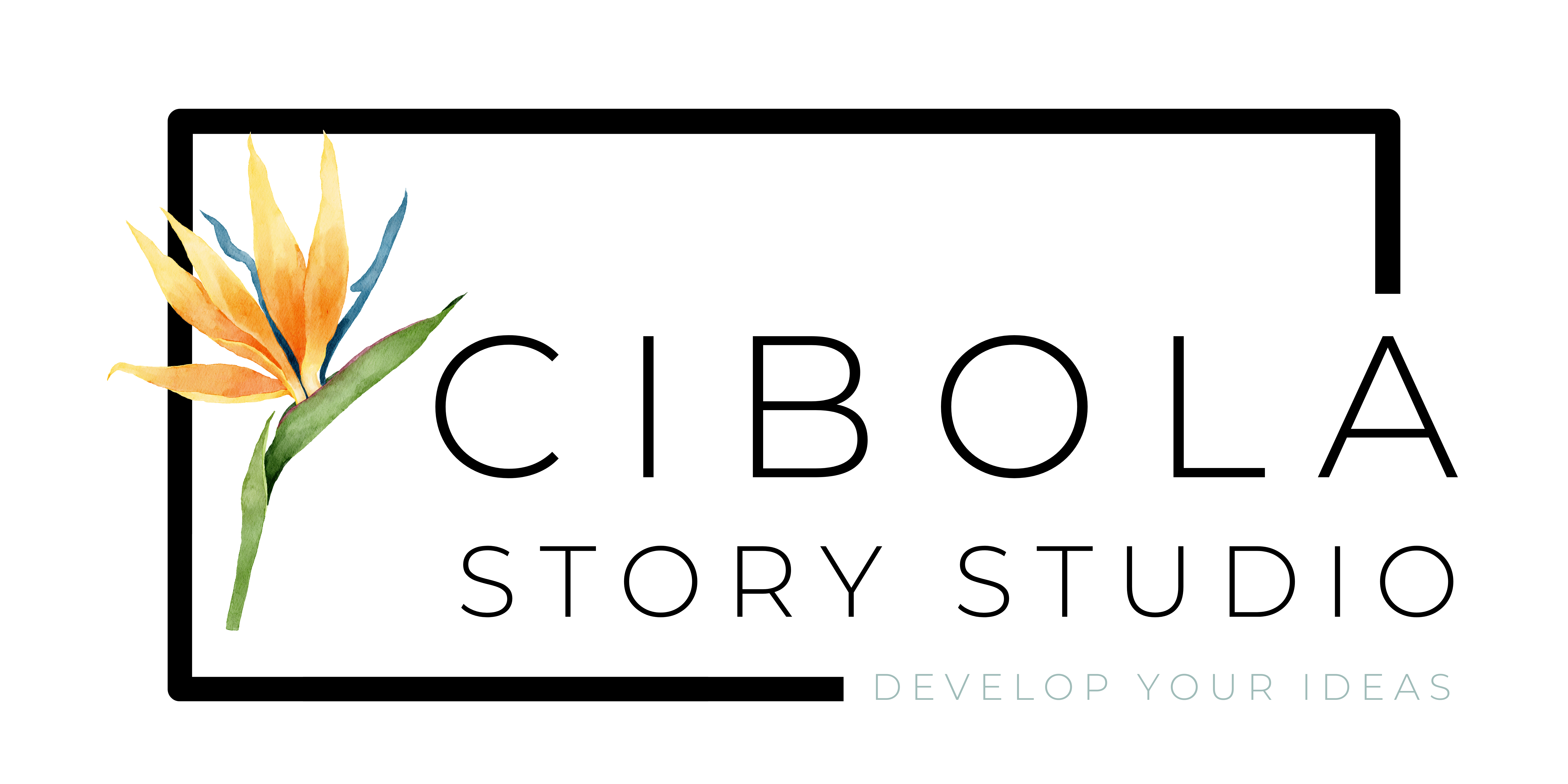 The Cibola Story Studio logo, featuring a watercolor Bird of Paradise with the name Cibola Story Studio written in bold font next to it. Below is the tag line: Develop Your Ideas. 