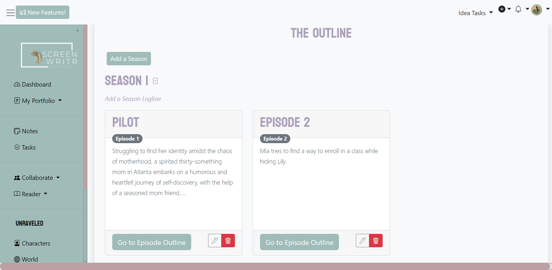 Screenshot of the new Episodic Treatment Dashboard Outline Section. Includes Season 1 and two Episode Cards