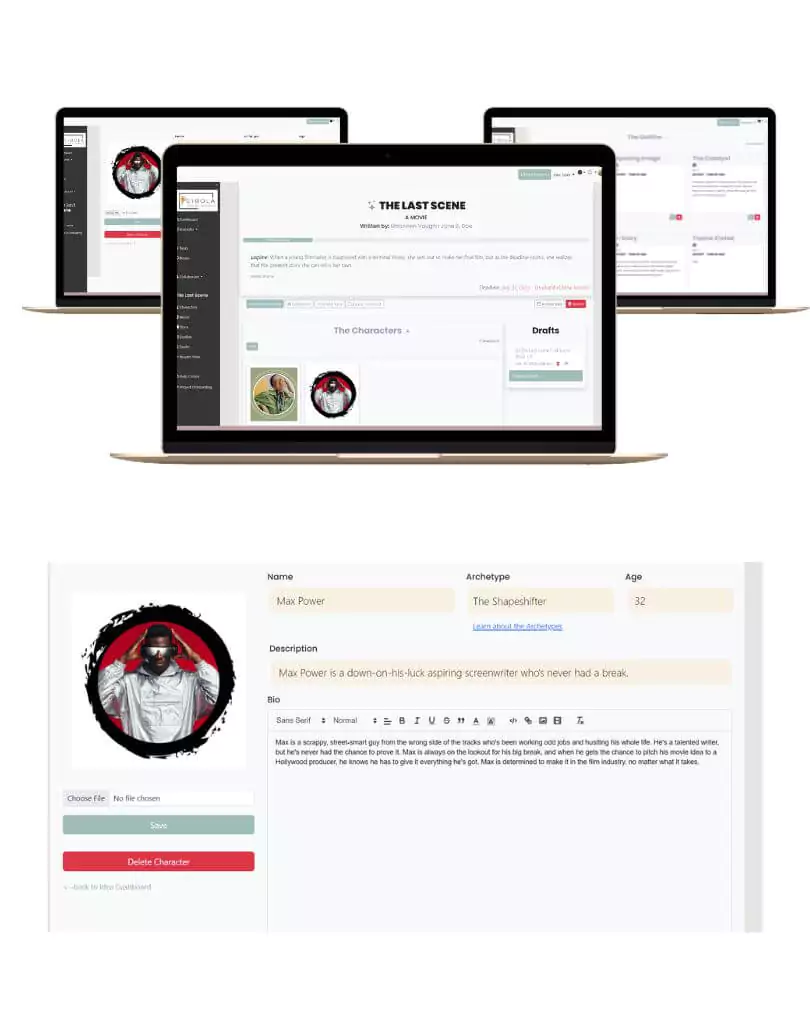A computer monitor with the Cibola Story Studio Screenwriting Software. The Sidebar is opal green and the Dashboard has white boxes for My Portfolio, Reminders, Notes to Self, and Reader List. In front of the monitor is a pair of hands scrolling through an Idea Dashboard, a Treatment Board with photos for Character Development, links to uploaded Drafts, notes for Story structure, and Outlining tools.