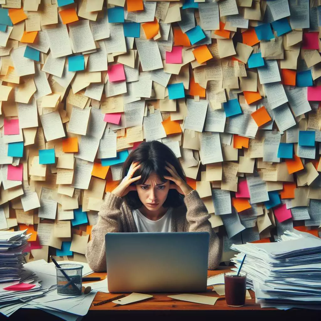An image of a female screenwriter overwhelmed by the wall of notes behind her. She sits at her laptop trying to write her screenplay.