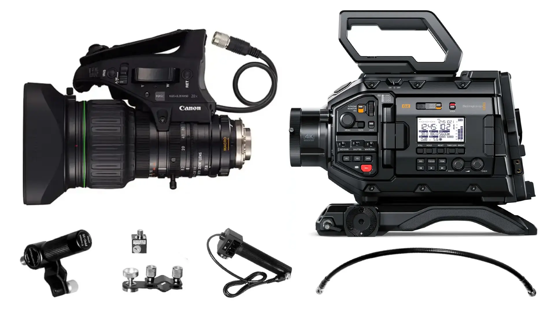 kit Blackmagic URSA Broadcast G2 com lente Canon e controle de zoom e foco