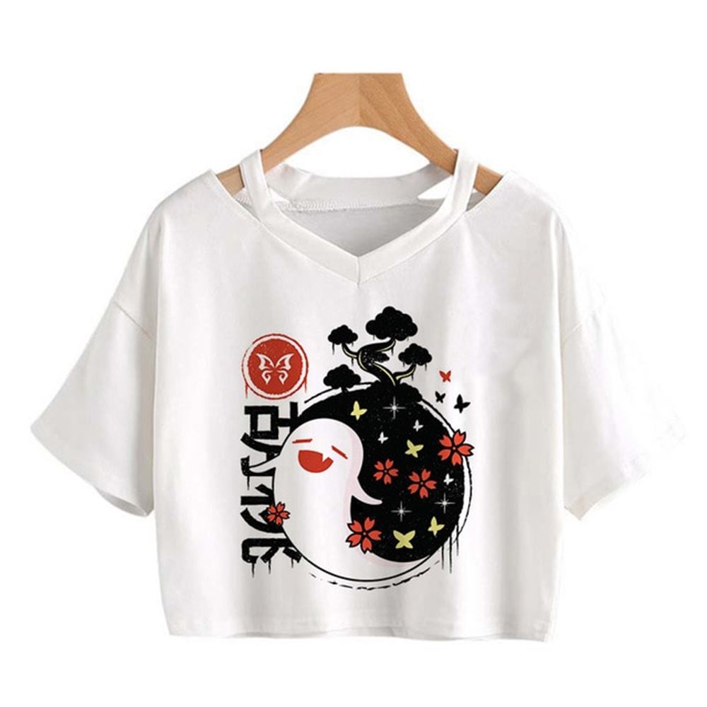 Genshin-croptop-t-shirts-kawaii-ghost-printing-white-harajuku-shirt - Full Size To 5xl